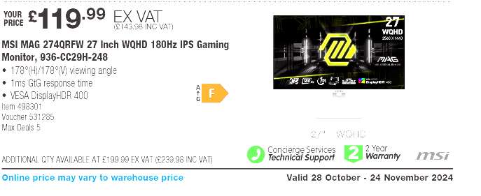 MSI MAG 274QRFW 27 inch WQHD 180Hz IPS Gaming Monitor, 936-CC29H-248 instore Wembley